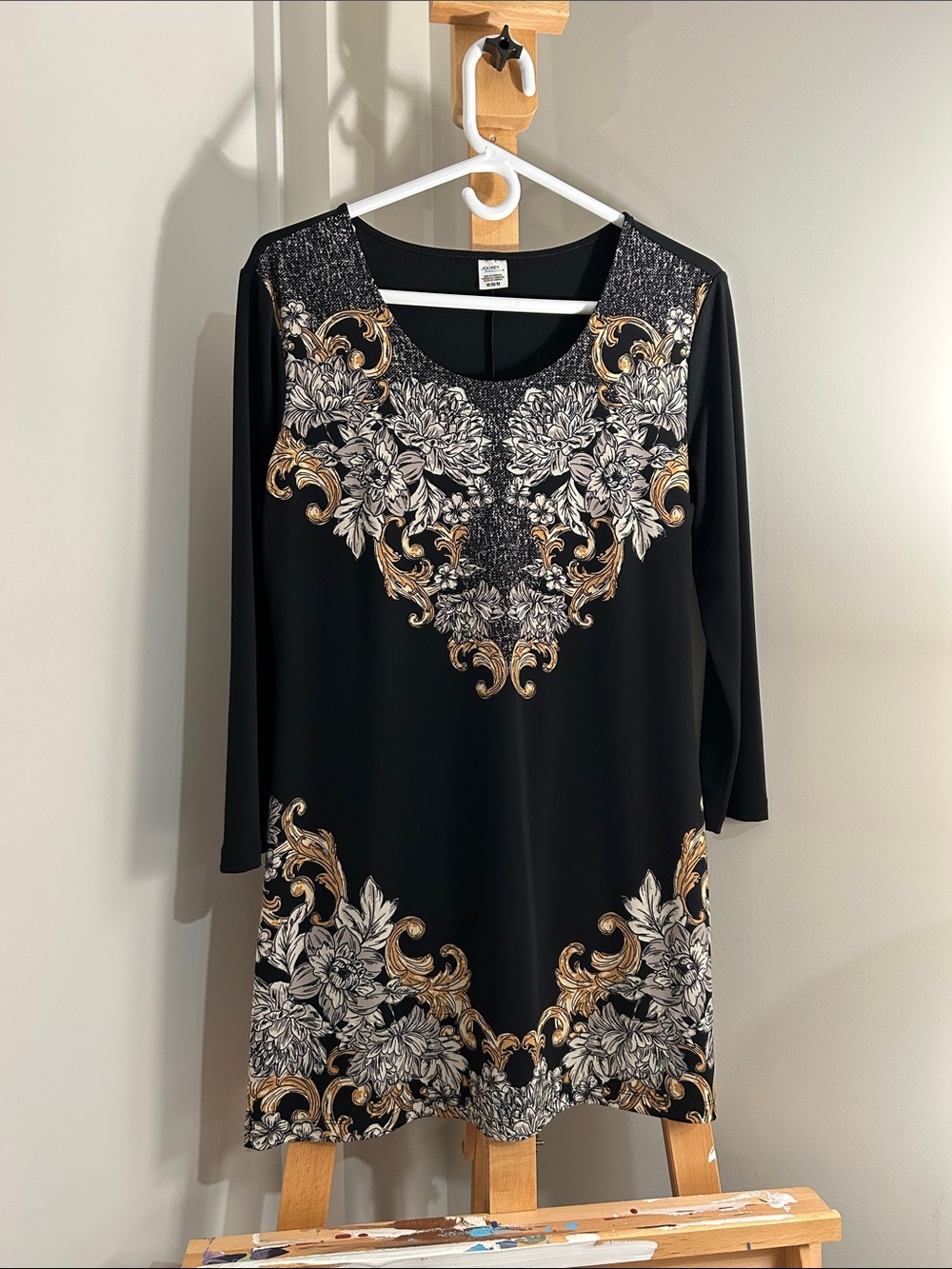 Jockey Black Long-Sleeve Dress with White Floral and Gold Scrolls